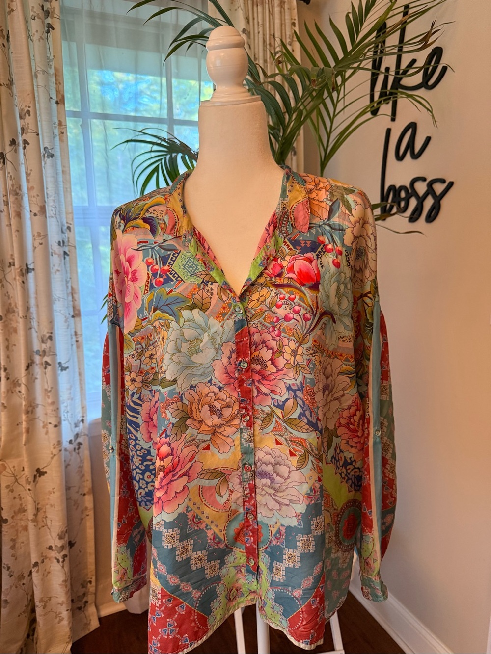 Johnny Was Multicolor Floral Button-Down Silk Blouse